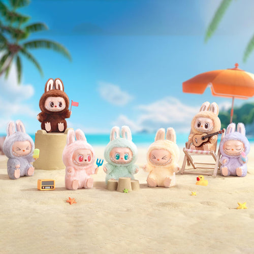 Group of Labubu "Have a Seat" series dolls dressed in fuzzy bunny costumes enjoying a day at the beach—playing with sand, eating ice cream, relaxing on a chair with a guitar, and posing near an umbrella under palm trees.