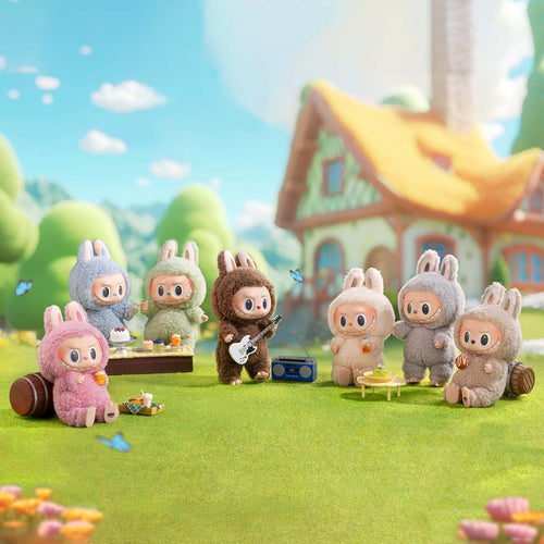 Group of Labubu "Exciting Macarons" series dolls dressed in fuzzy bunny costumes enjoying a day at the lawn—playing with guitar, eating snacks, relaxing on a the grass.
