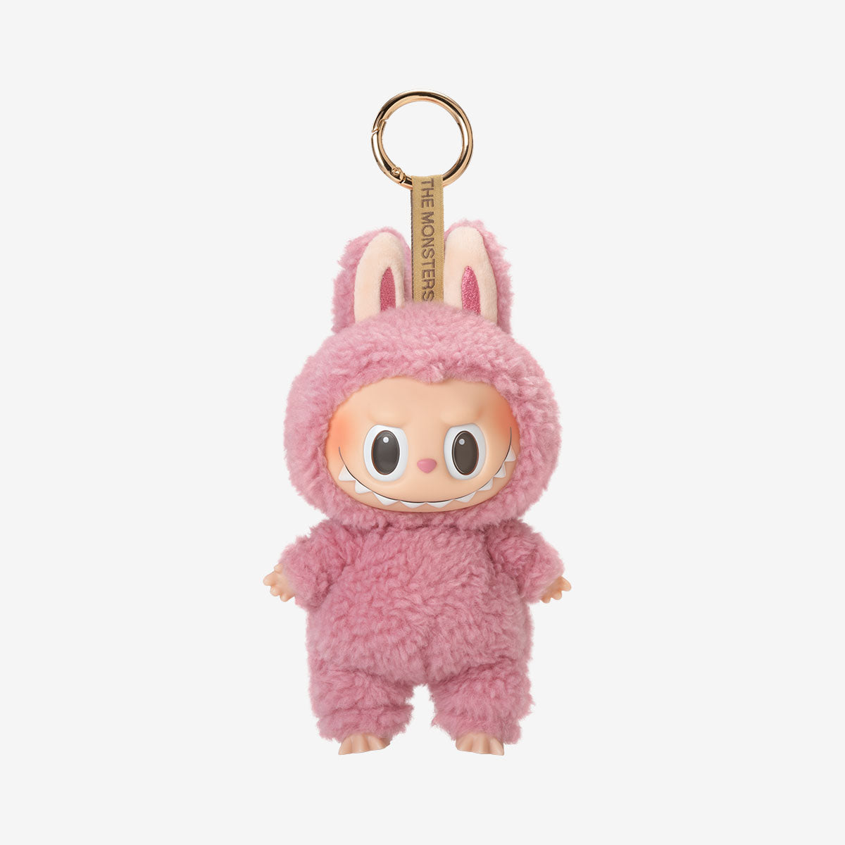Labubu Lychee Berry keychain plush from the "Exciting Macarons" series, featuring a dark brown fuzzy bunny costume with upright ears and a wide, toothy grin