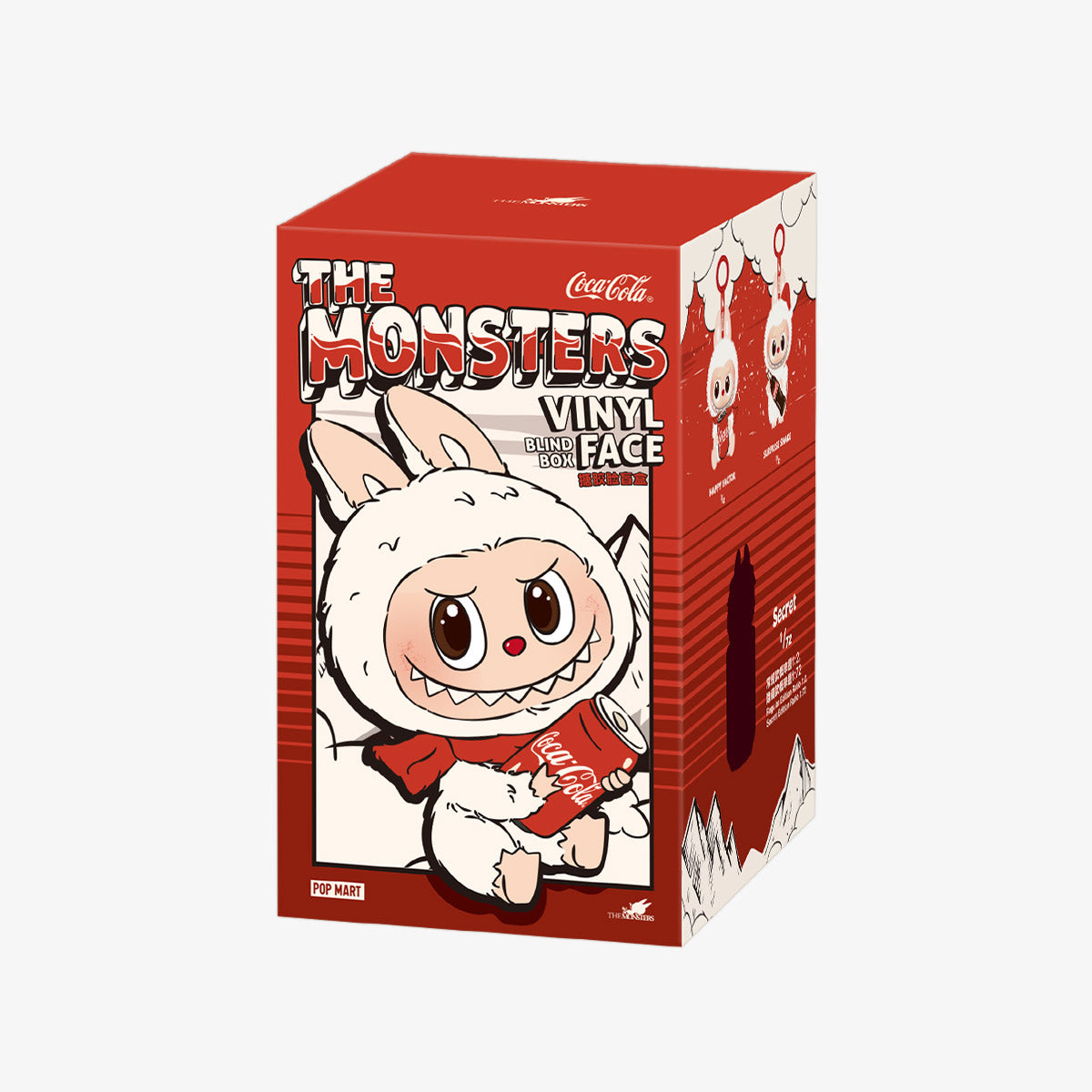 The monsters coca cola edition labubu blind box side angle view

