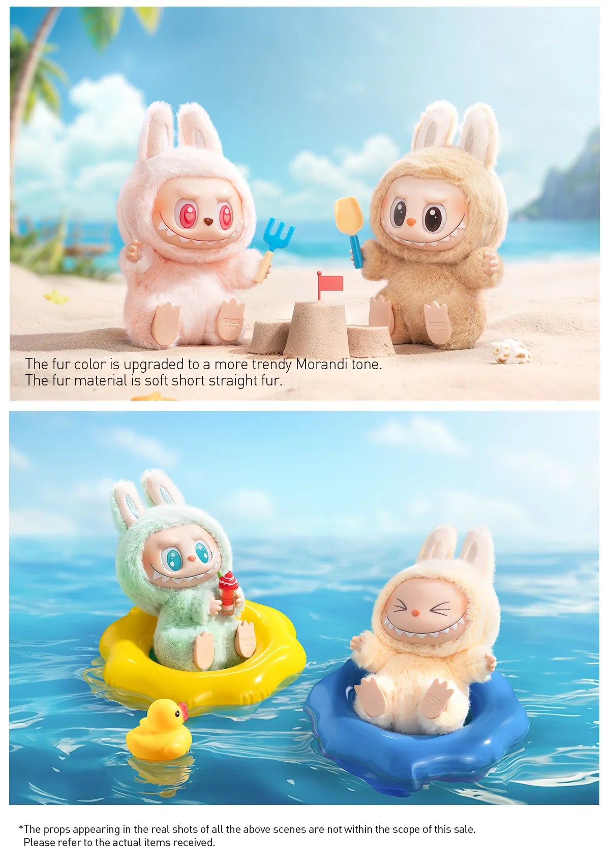 Have a seat labubu series doll on a beach and swimming on water