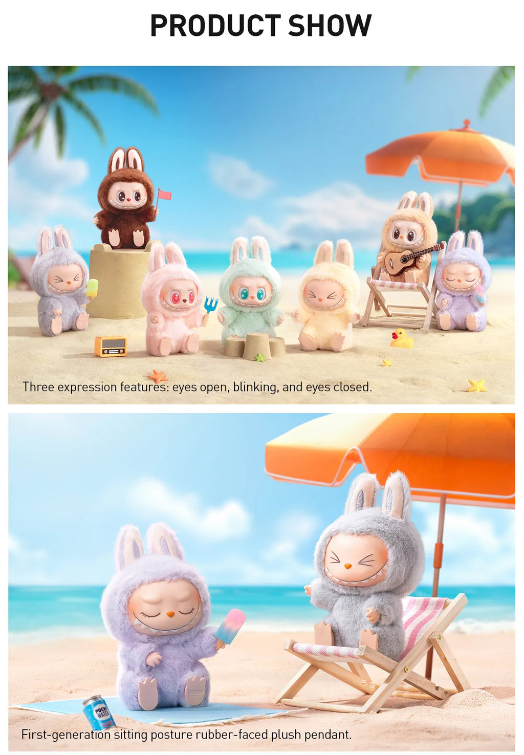 Have a seat labubu dolls on a beach